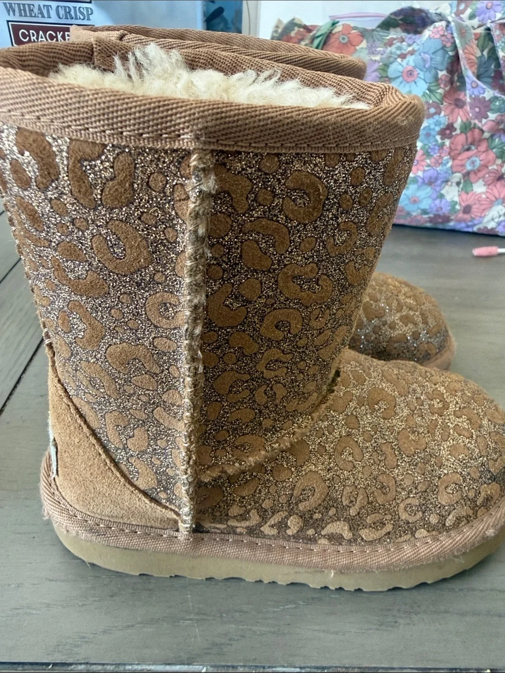 UGG Kids Tan Glitter Leopard Print Shearling Boots